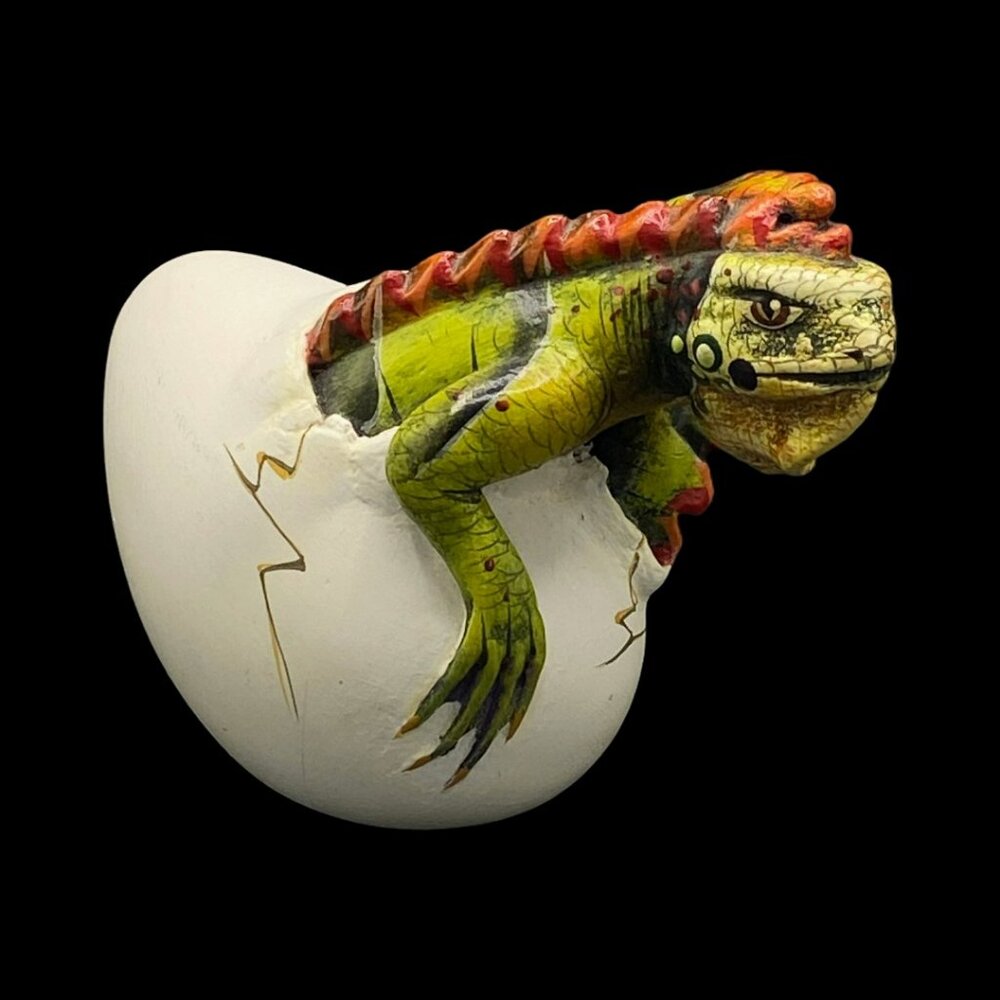 Handmade Mexican Iguana Emerging from Egg Sculpture Hand Painted Signed Macias